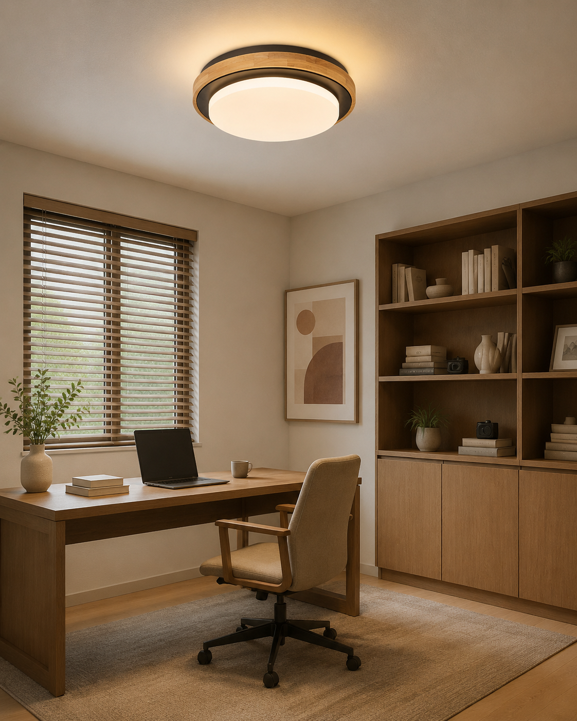 Modern Zen Circular LED Flush Mount - 18W Matte Black & Original Wood Ceiling Light
