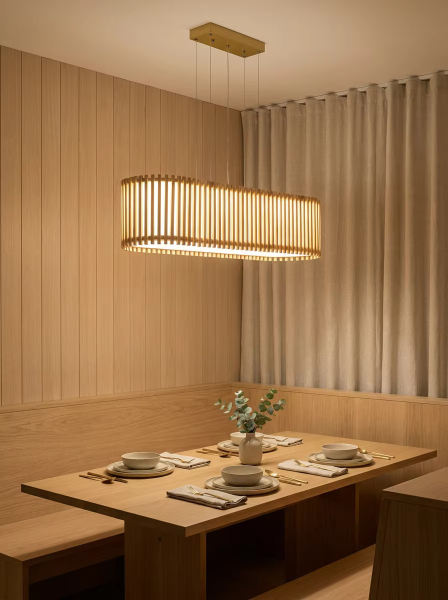 Modern Zen Linear Woven Pendant Light - 54W Large Rattan-Style Dining Table & Tea Room Hanging Lamp