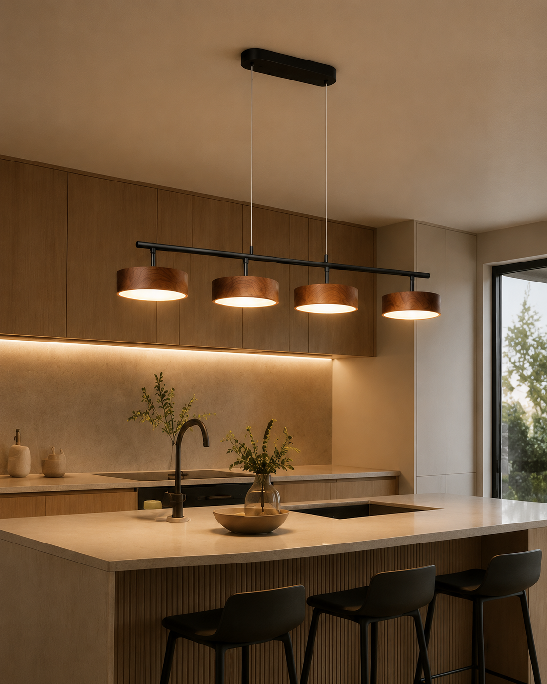 Modern Linear Wood LED Pendant Light for Dining Room & Kitchen Island