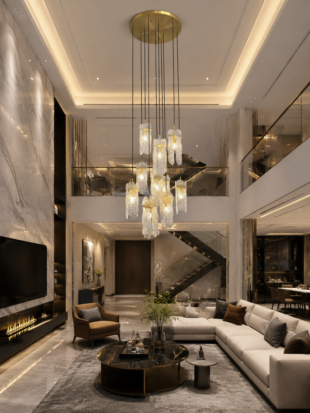 Modern Luxury Copper 10-Light Chandelier for High Ceiling & Stairwell