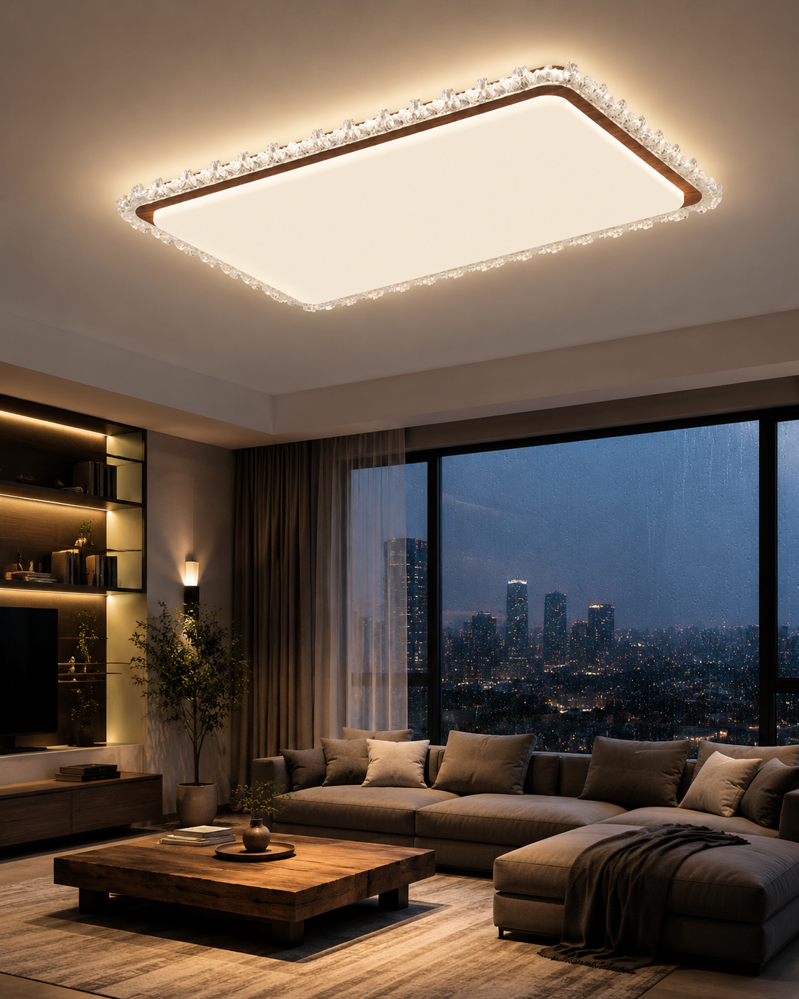 Modern Crystal Wood Frame LED Ceiling Light | Rectangular Minimalist Ceiling Lamp for Living Room Bedroom | 120W