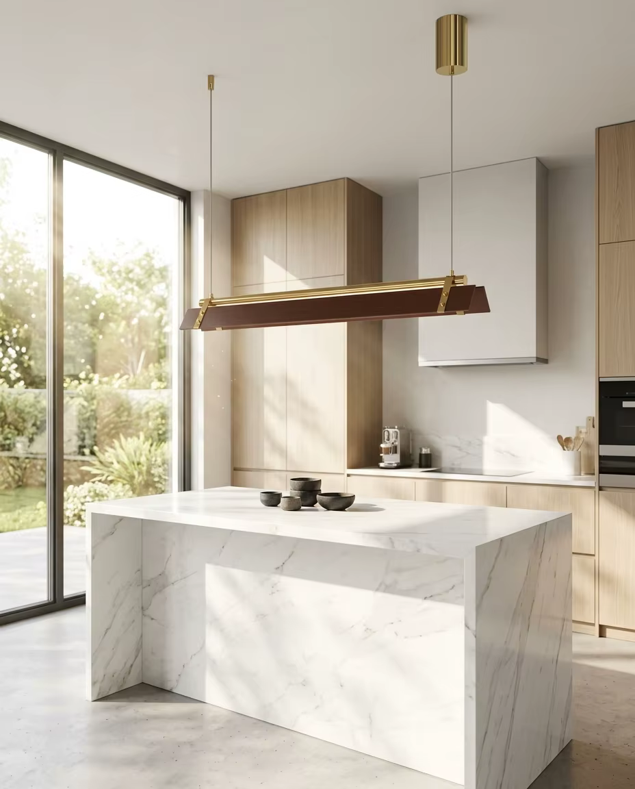 Modern Linear LED Pendant Light - Luxury Gold & Walnut Wood Finish, 100cm Sleek Hanging Dining Light (13W) – Linear Pendant