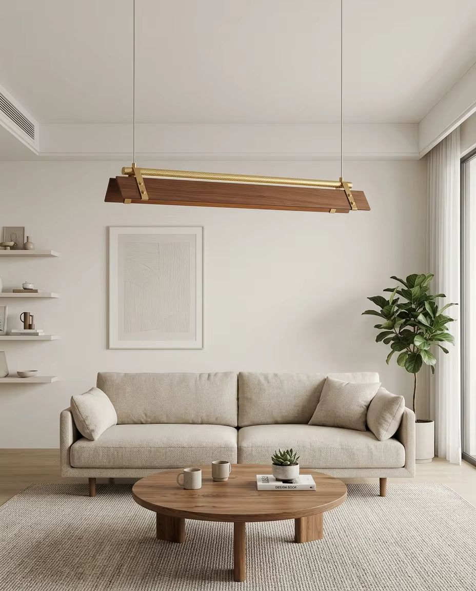Modern Linear LED Pendant Light - Luxury Gold & Walnut Wood Finish, 100cm Sleek Hanging Dining Light (13W) – Linear Pendant (view 2)