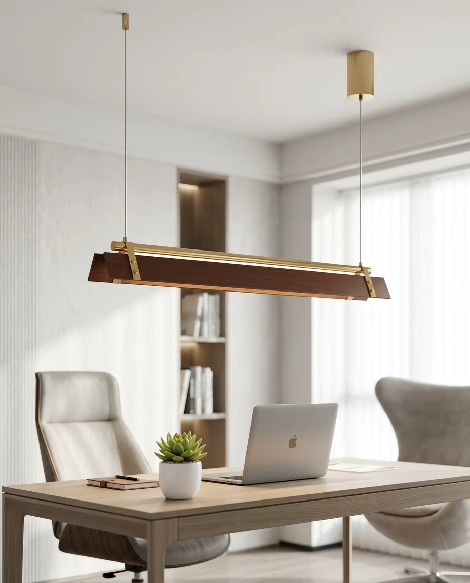 Modern Linear LED Pendant Light - Luxury Gold & Walnut Wood Finish, 100cm Sleek Hanging Dining Light (13W) – Linear Pendant (view 5)