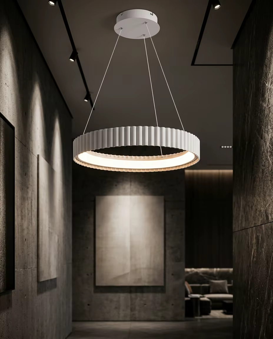 Modern Pleated LED Ring Pendant Light - Architectural Ribbed Circular Chandelier for Office & Hotel – Single Pendant