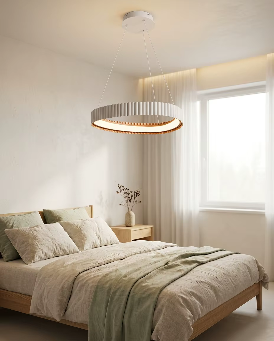 Modern Pleated LED Ring Pendant Light - Architectural Ribbed Circular Chandelier for Office & Hotel – Single Pendant (view 4)