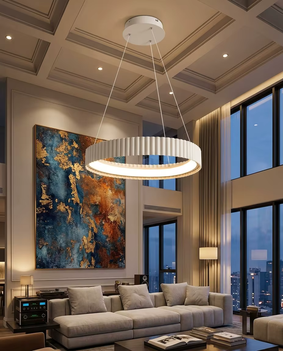 Modern Pleated LED Ring Pendant Light - Architectural Ribbed Circular Chandelier for Office & Hotel – Single Pendant (view 5)