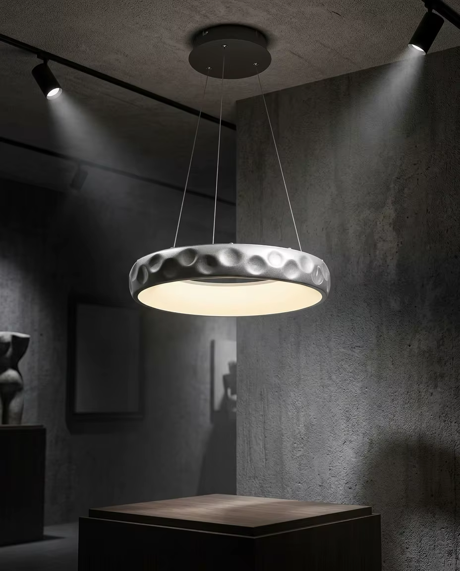 Modern Hammered Silver LED Ring Pendant Light – Single Pendant (view 2)