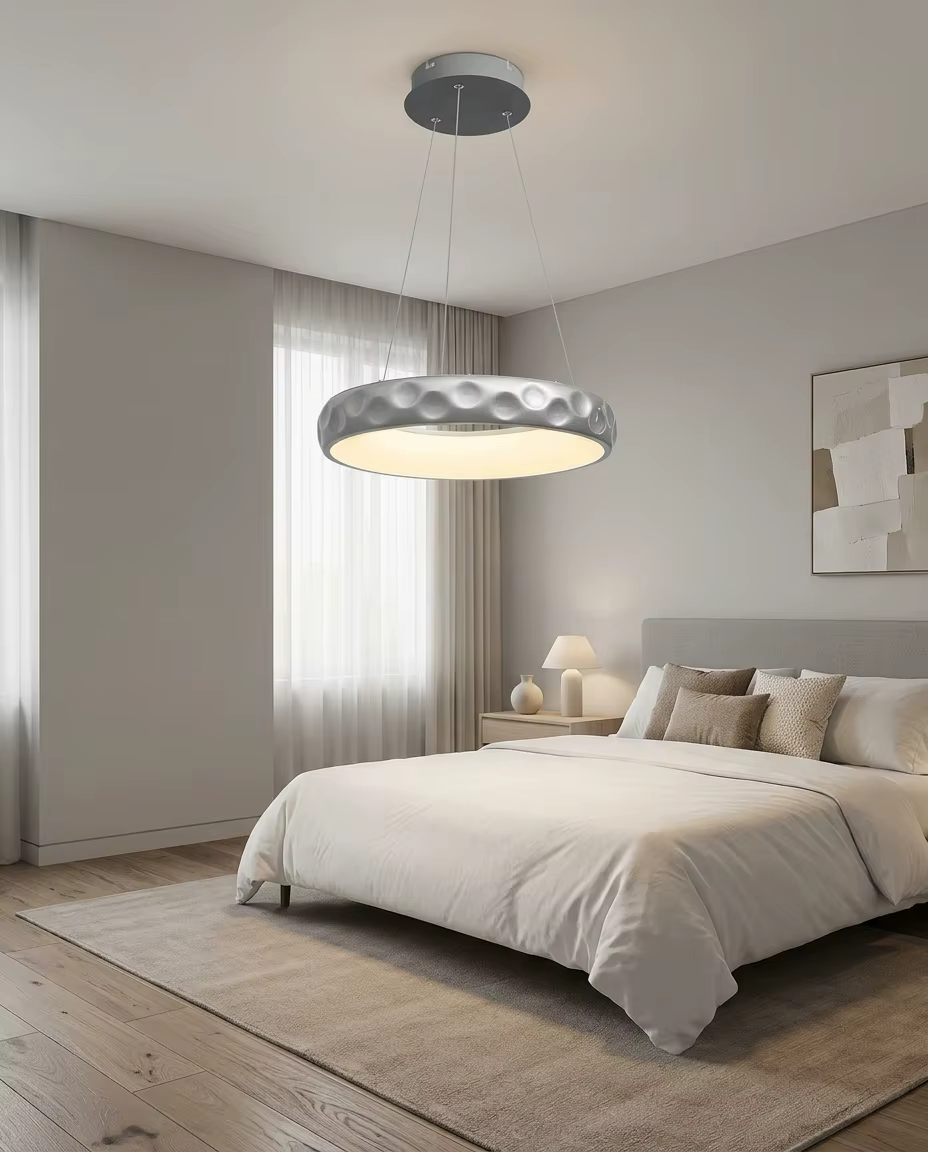 Modern Hammered Silver LED Ring Pendant Light – Single Pendant (view 3)