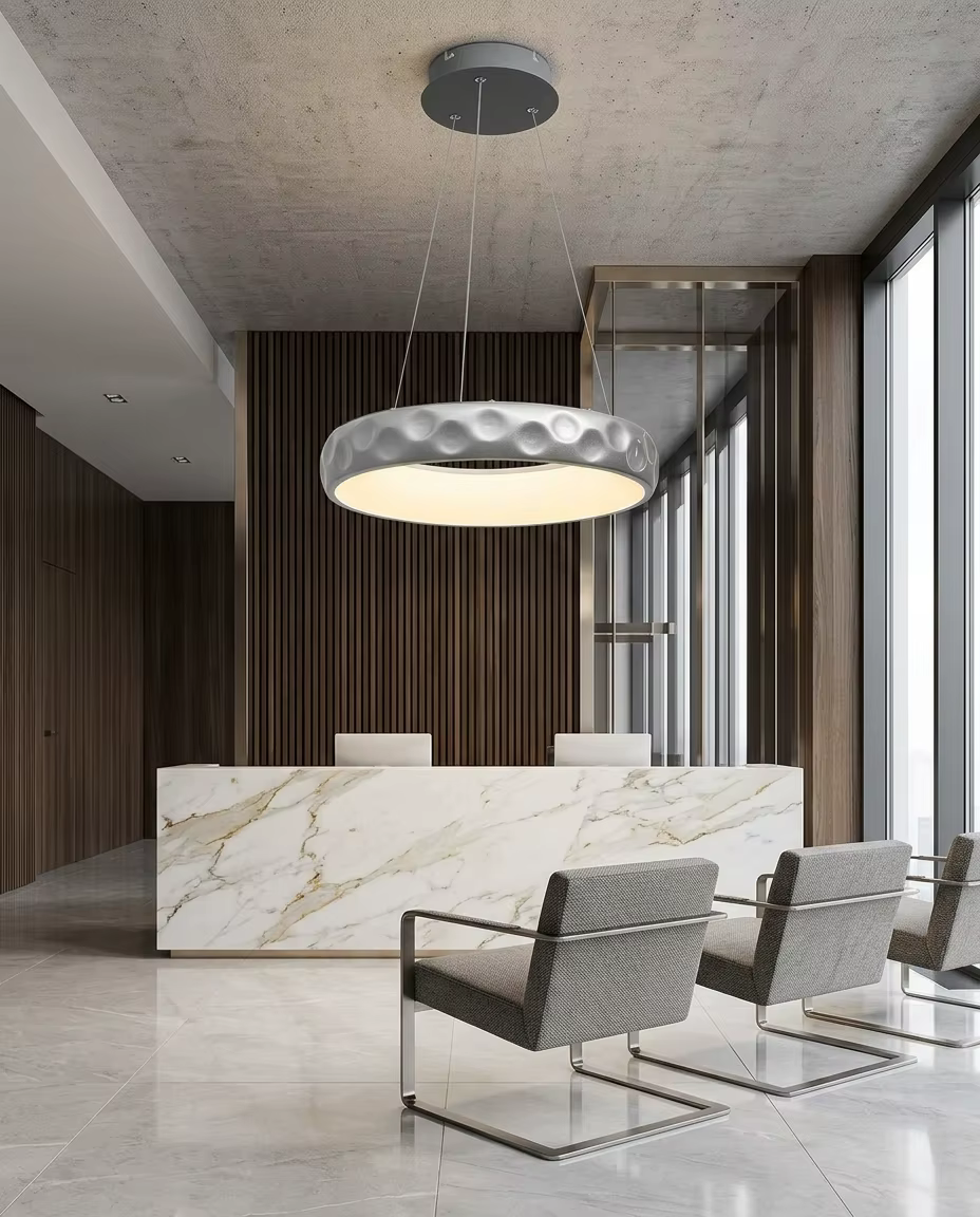 Modern Hammered Silver LED Ring Pendant Light – Single Pendant (view 4)
