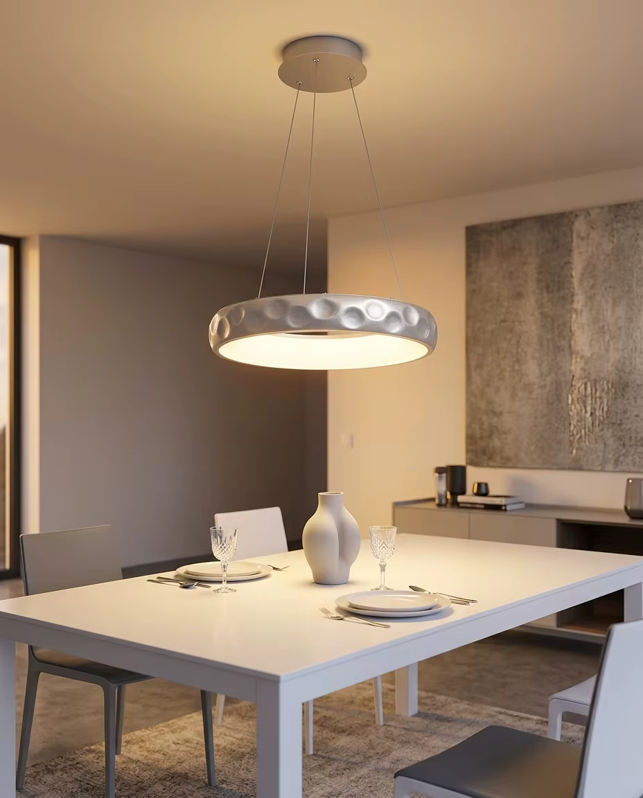 Modern Hammered Silver LED Ring Pendant Light – Single Pendant (view 5)