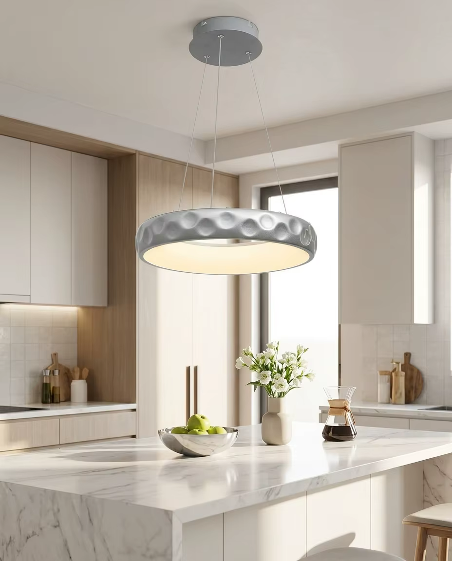 Modern Hammered Silver LED Ring Pendant Light – Single Pendant