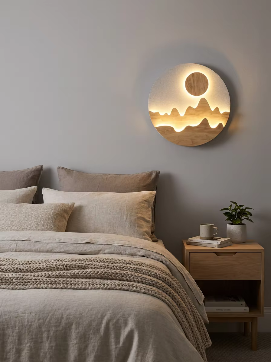 Modern Round Wooden LED Wall Light – 300mm Artistic Minimalist Wall Lamp for Bedroom & Living Room – Decorative Wall Lamps (view 2)