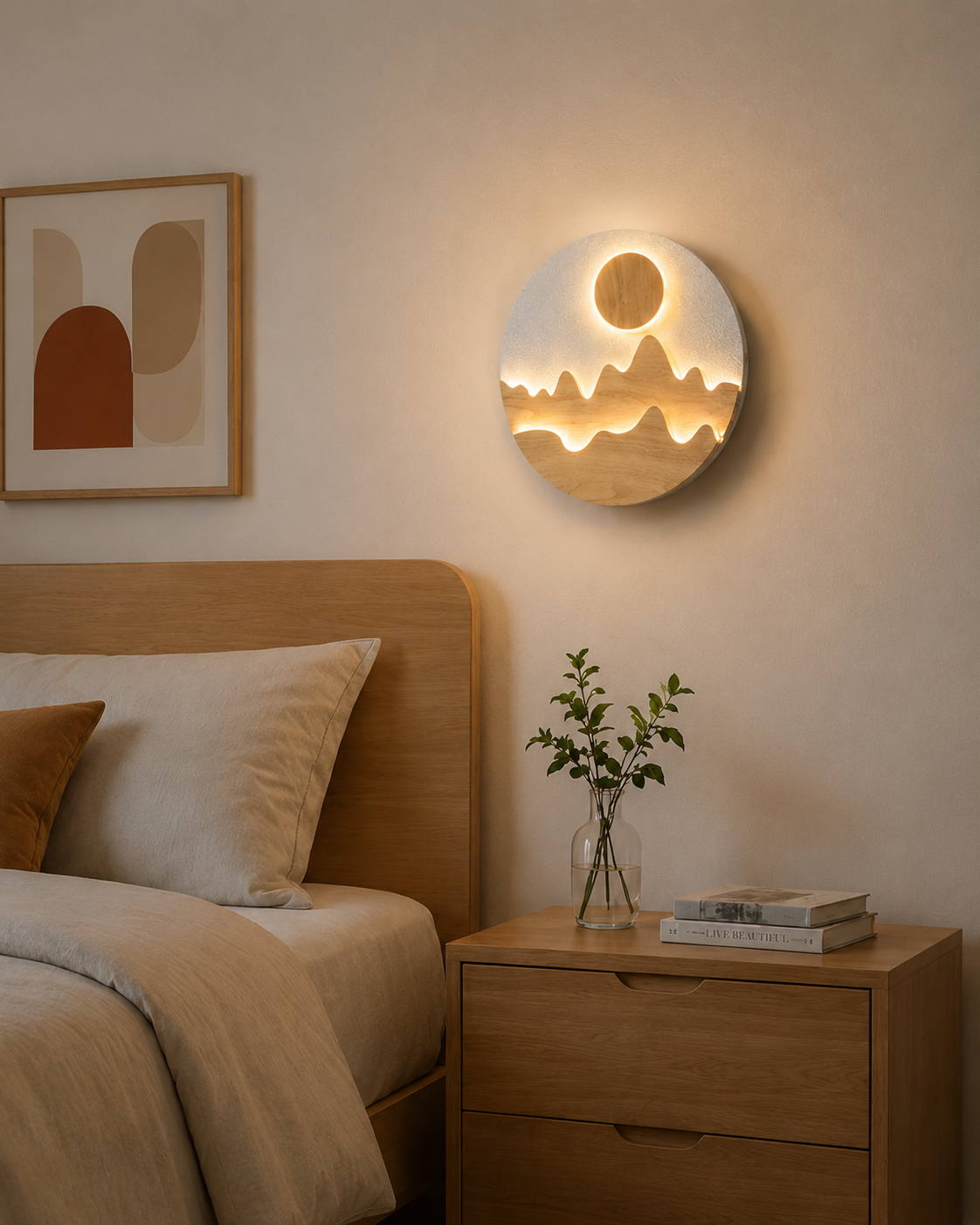 Modern Round Wooden LED Wall Light – 300mm Artistic Minimalist Wall Lamp for Bedroom & Living Room – Decorative Wall Lamps (view 4)