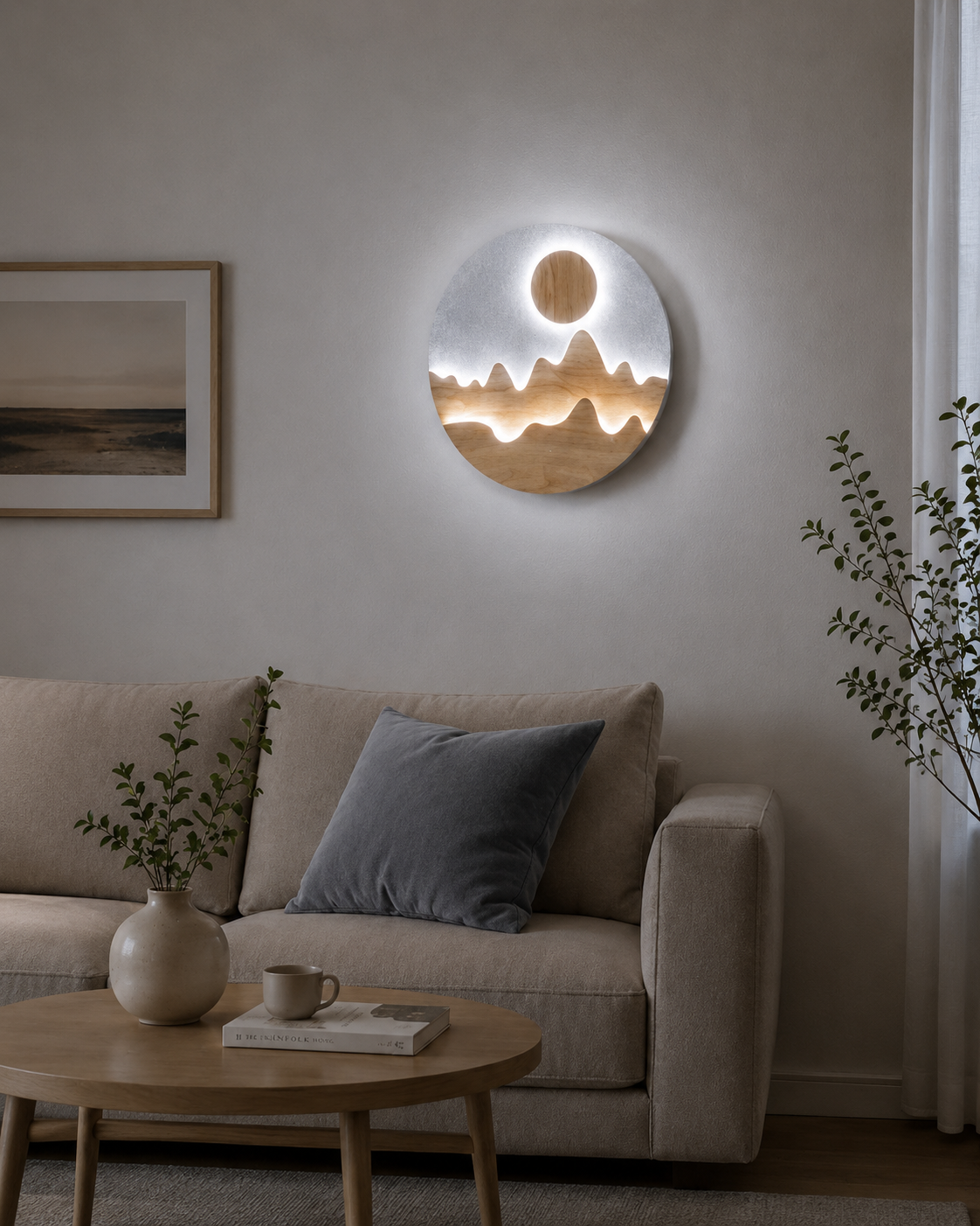 Modern Round Wooden LED Wall Light – 300mm Artistic Minimalist Wall Lamp for Bedroom & Living Room – Decorative Wall Lamps (view 5)