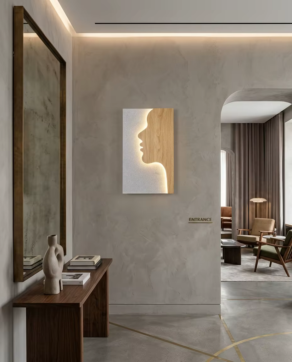 Modern Artistic Face Silhouette LED Wall Sconce - Creative Wood & Silver Profile Accent Light for Interior Projects – Decorative Wall Lamps