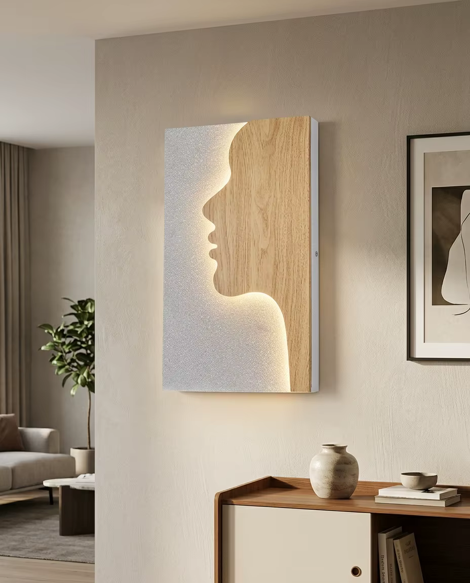 Modern Artistic Face Silhouette LED Wall Sconce - Creative Wood & Silver Profile Accent Light for Interior Projects – Decorative Wall Lamps (view 3)
