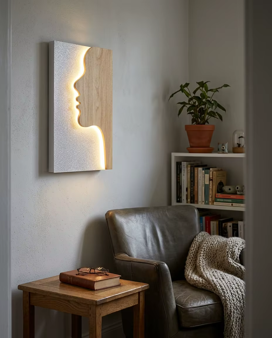 Modern Artistic Face Silhouette LED Wall Sconce - Creative Wood & Silver Profile Accent Light for Interior Projects – Decorative Wall Lamps (view 2)