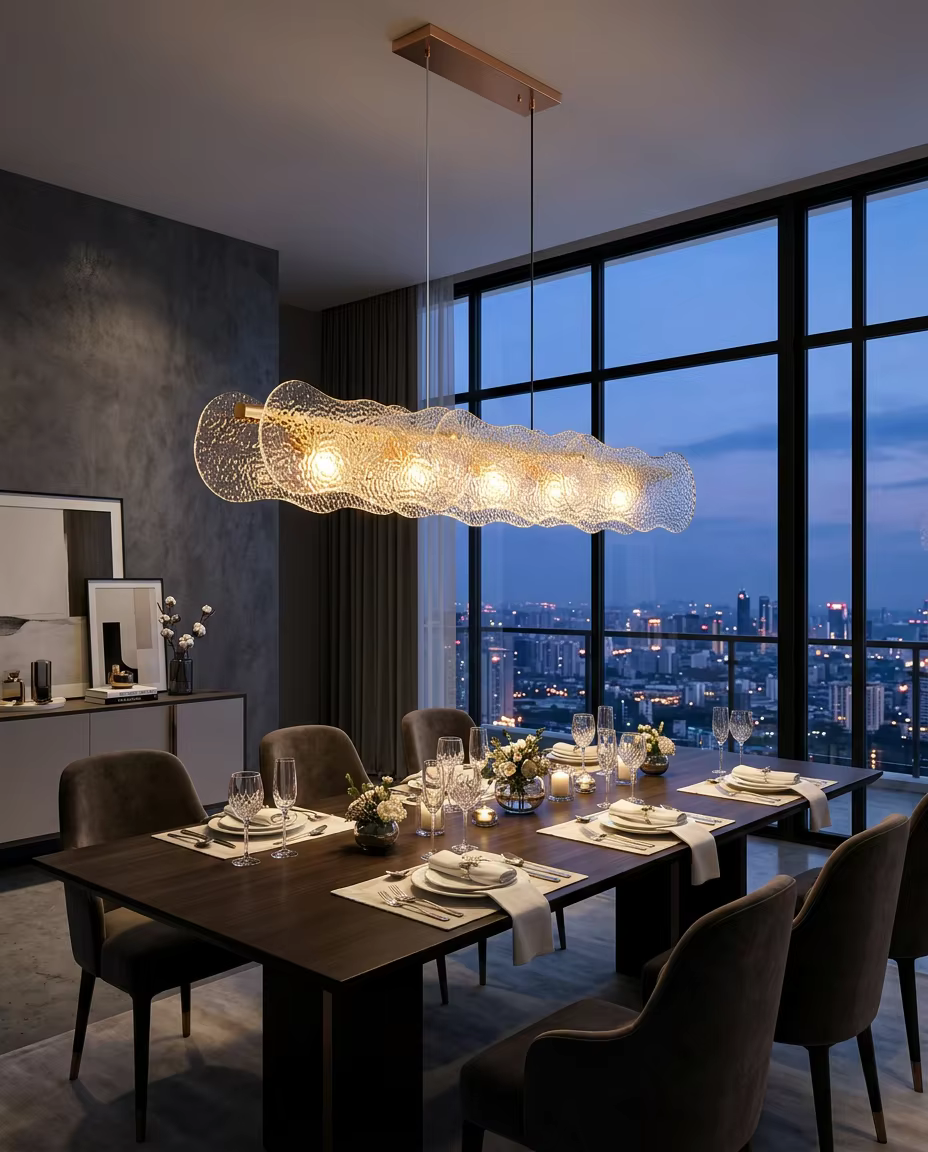 1280mm Linear Copper Pendant Chandelier with Wavy Water Glass for Dining & Islands | PZE-D0716-6 – Crystal Chandeliers (view 3)