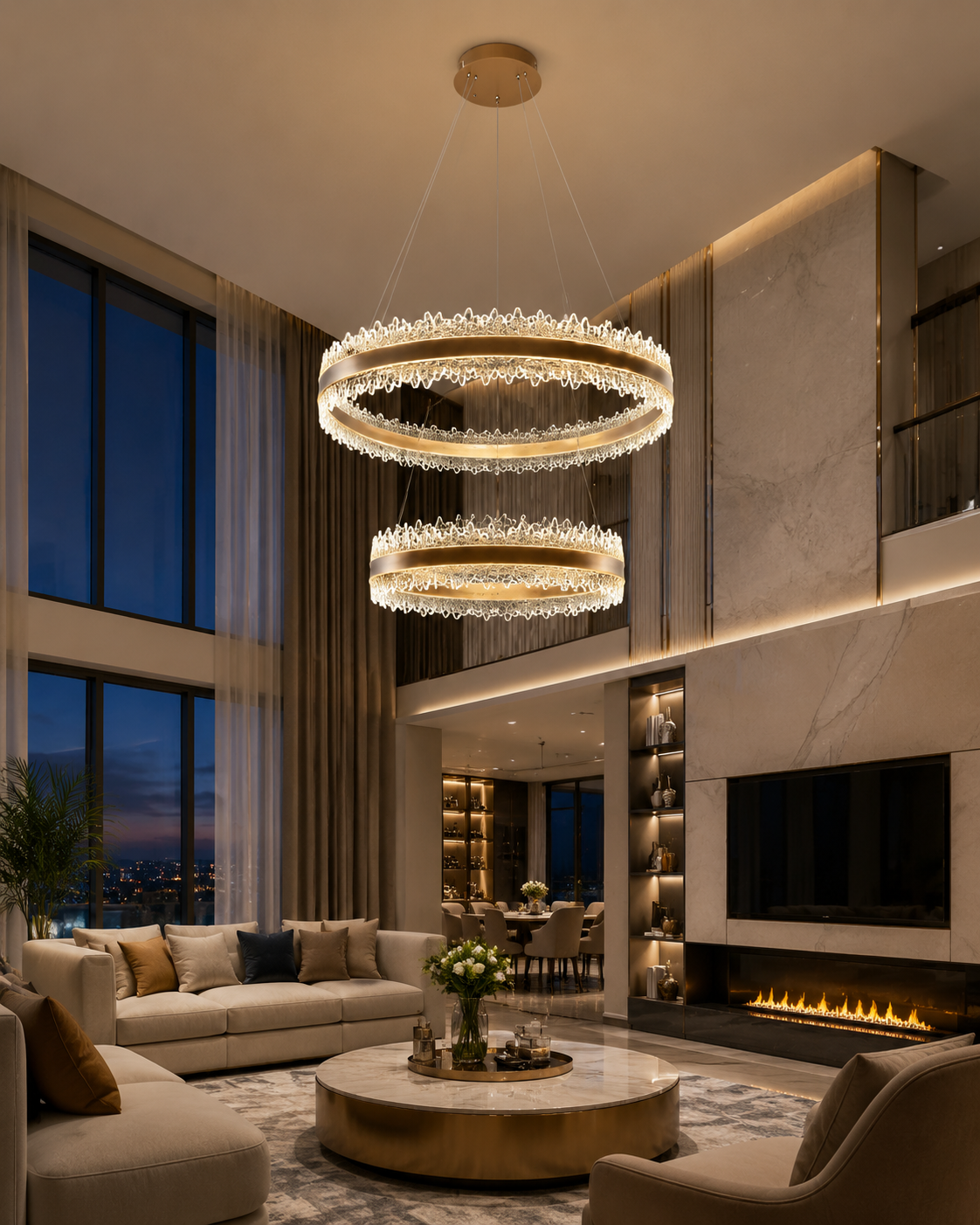 Luxury Double Ring Crystal Chandelier | Modern LED Circular Pendant Light for Hotel Lobby & Villa Projects – Ring Chandeliers (view 5)