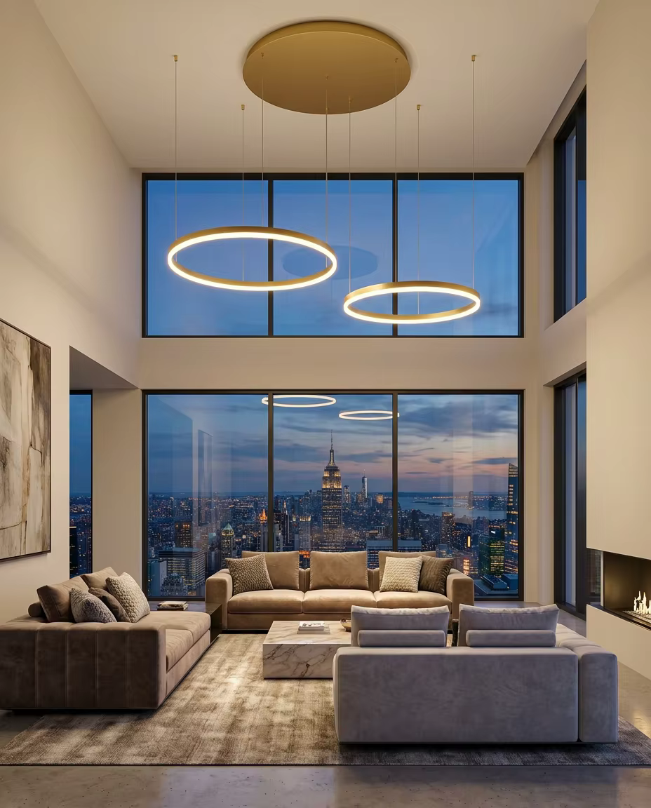 Modern Double Ring LED Pendant Light | Luxury Gold Ceiling Chandelier for Living Room & Hotel Interiors – Ring Chandeliers (view 2)