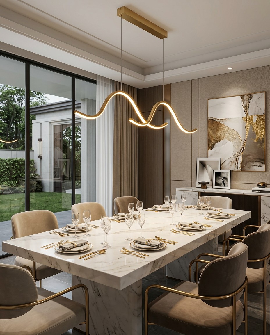 Modern Gold Wavy LED Pendant Light for Luxury Dining Room Decor – Linear Pendant