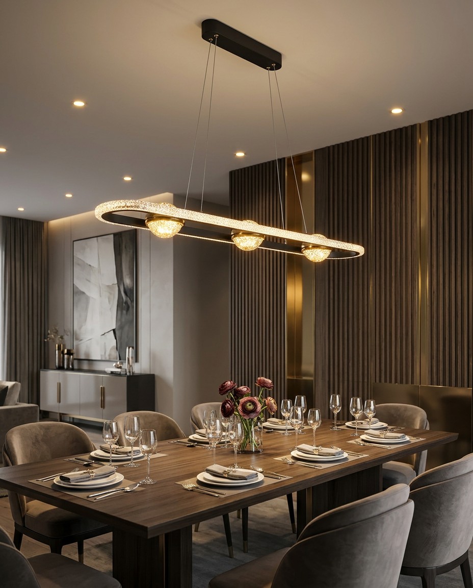 Modern Linear Crystal LED Pendant Light | Gold & Black Rectangular Hanging Chandelier 44W – Crystal Chandeliers