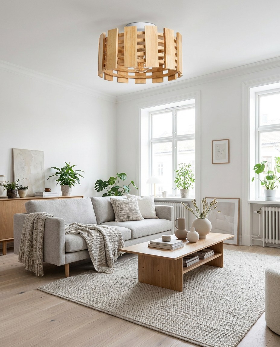 Modern Wood Cage LED Ceiling Light | Natural Wooden Flush Mount Lamp E27 – Flush Mount Ceiling Lights (view 3)