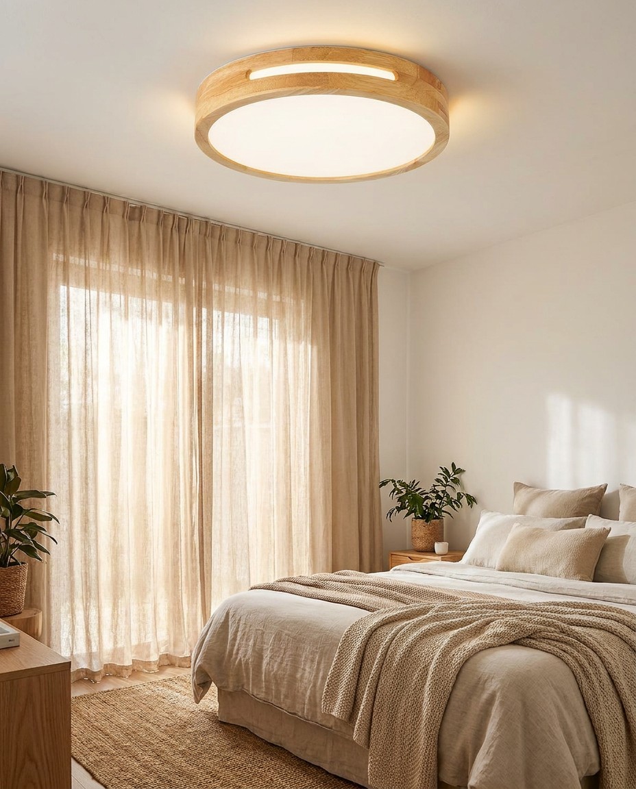 Modern Round Wood LED Ceiling Light | Natural Wooden Flush Mount Lamp 30W – Flush Mount Ceiling Lights (view 4)
