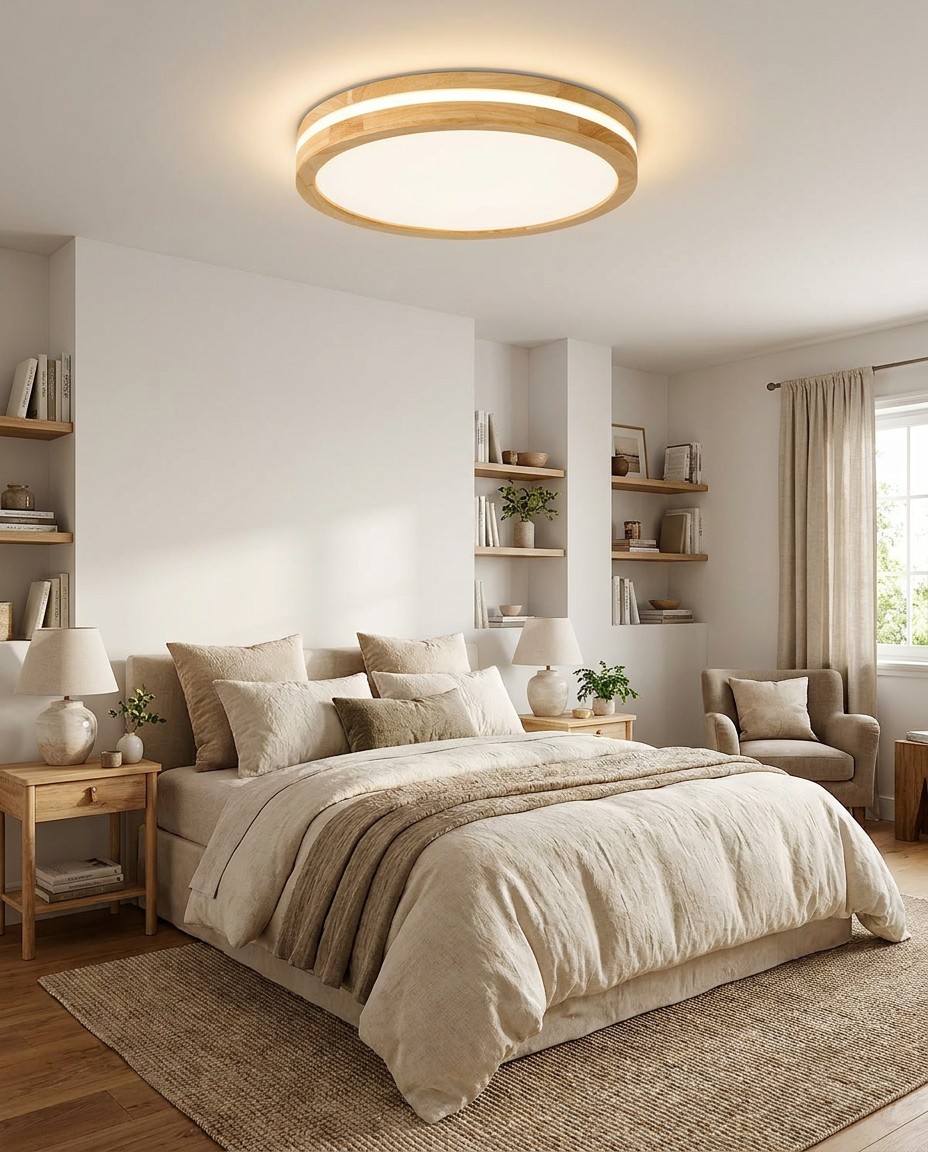 Modern Round Wood LED Ceiling Light | Minimalist Nordic Flush Mount Lamp 30W – Flush Mount Ceiling Lights