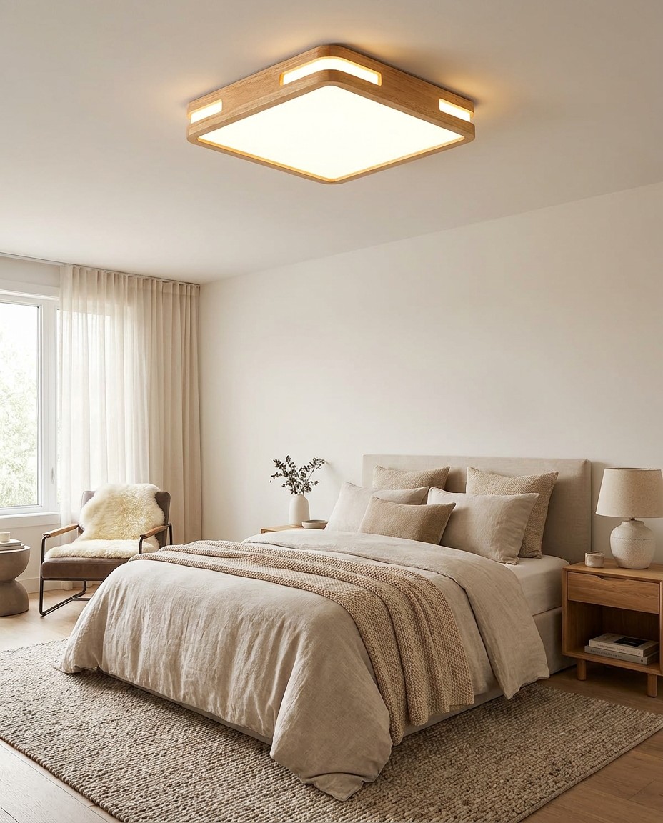 Modern Square Wood LED Ceiling Light | Natural Wooden Flush Mount Lamp 36W – Flush Mount Ceiling Lights (view 3)
