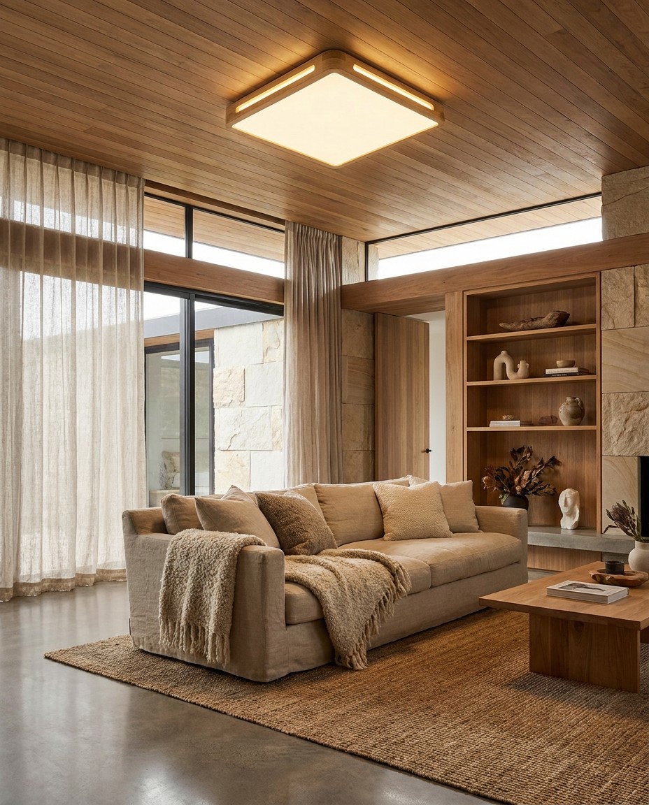 Modern Square Wood LED Ceiling Light | Large Natural Wooden Ceiling Lamp 45W – Flush Mount Ceiling Lights