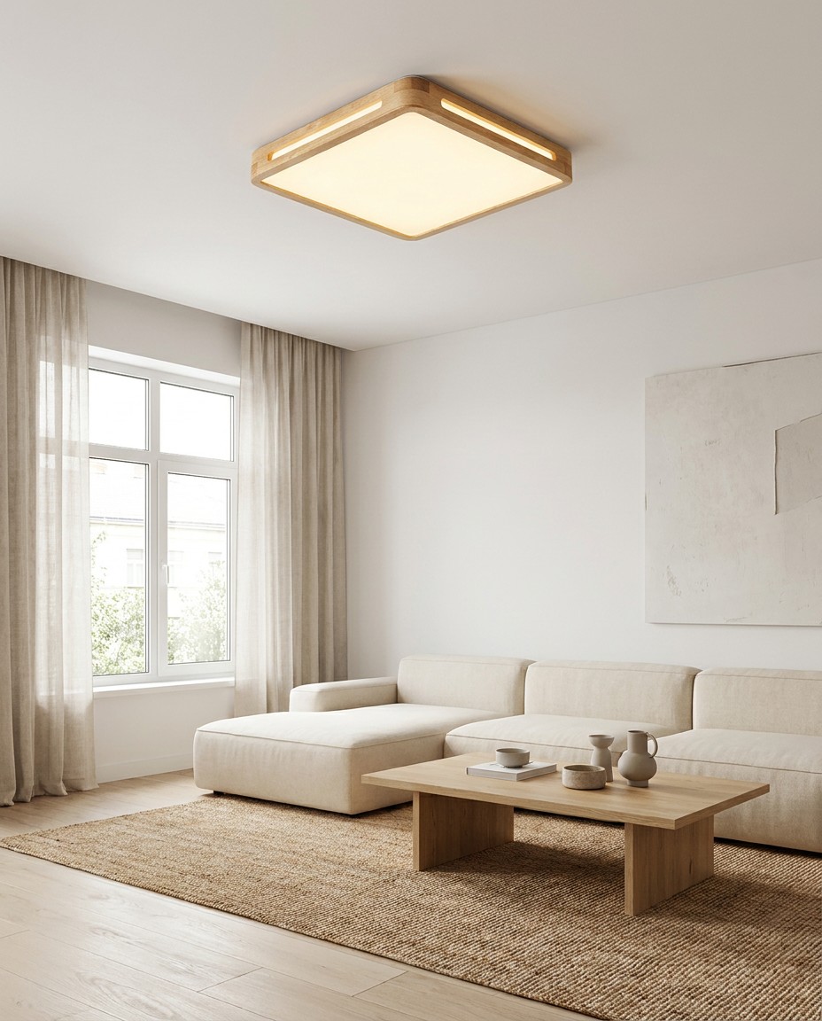 Modern Square Wood LED Ceiling Light | Large Natural Wooden Ceiling Lamp 45W – Flush Mount Ceiling Lights (view 4)