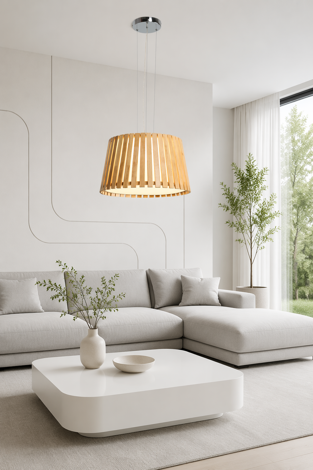 Modern Wood Drum LED Pendant Light | Natural Wooden Slat Hanging Lamp – Single Pendant