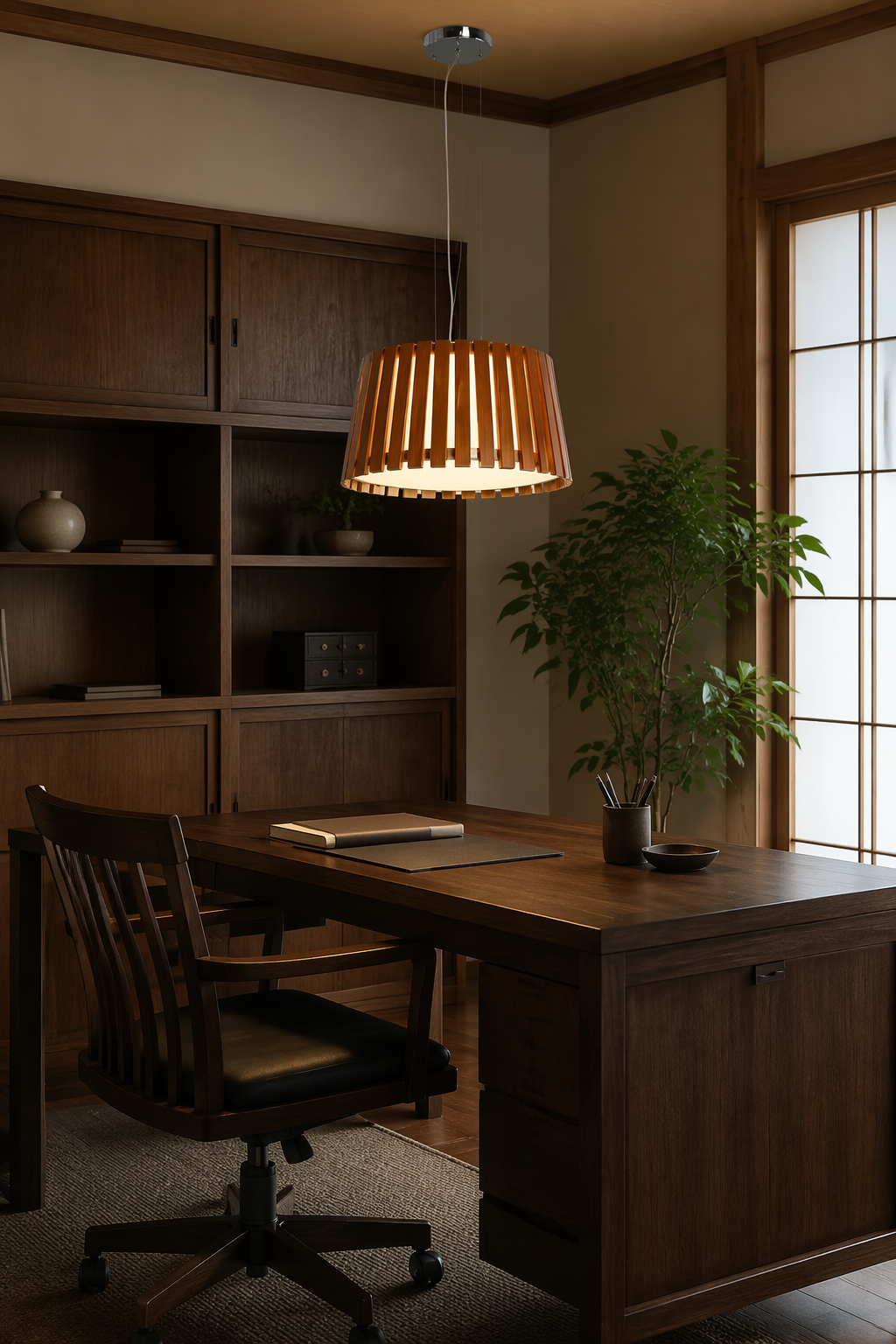 Modern Wood Drum LED Pendant Light | Natural Wooden Slat Hanging Lamp – Single Pendant (view 3)