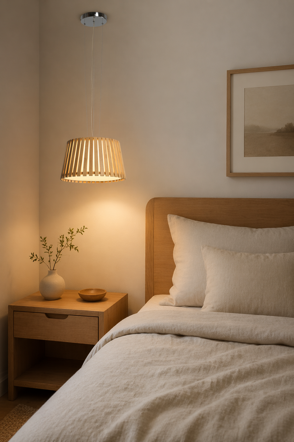 Modern Wood Drum LED Pendant Light | Natural Wooden Slat Hanging Lamp – Single Pendant (view 4)