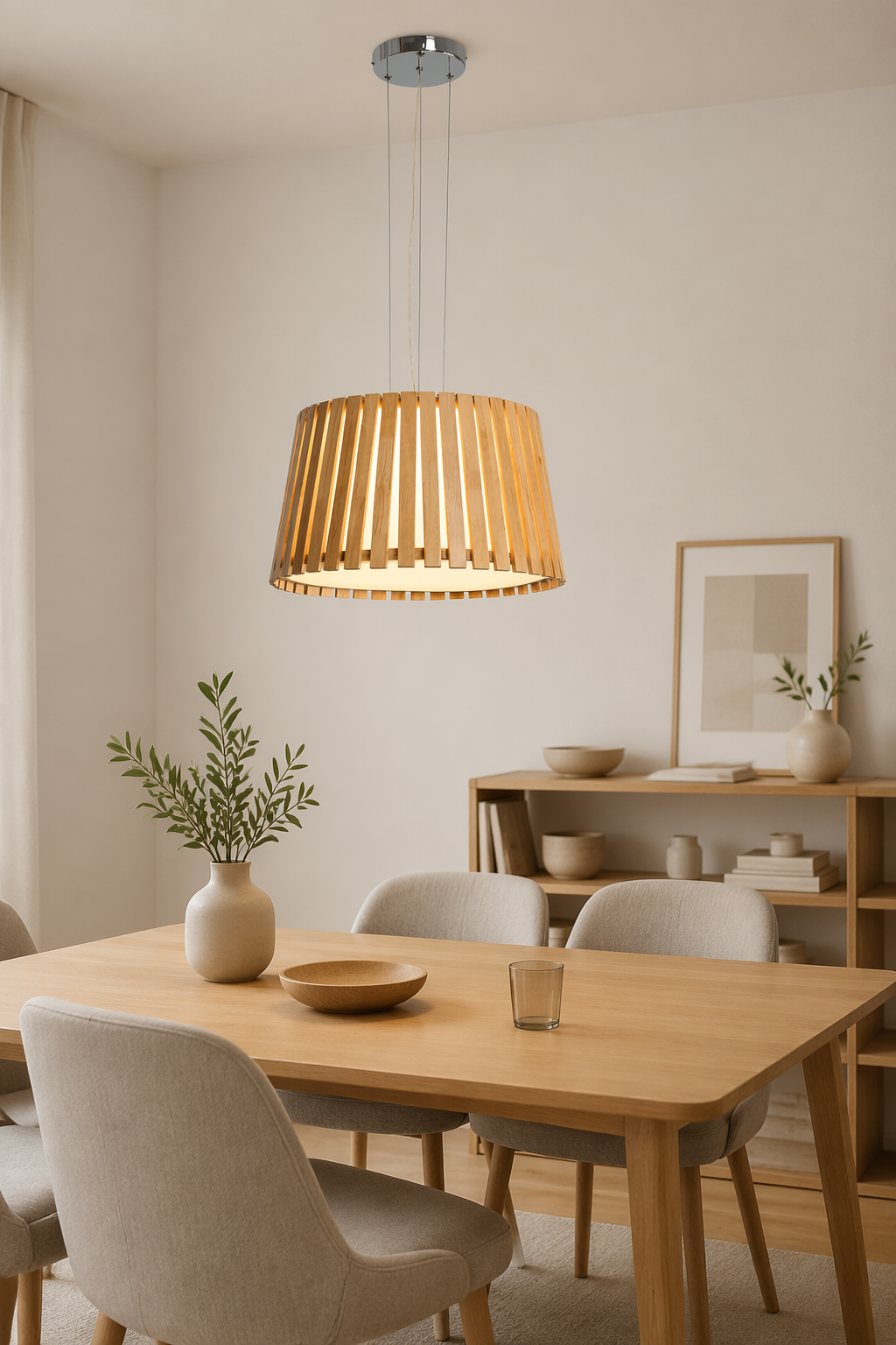 Modern Wood Drum LED Pendant Light | Natural Wooden Slat Hanging Lamp – Single Pendant (view 5)