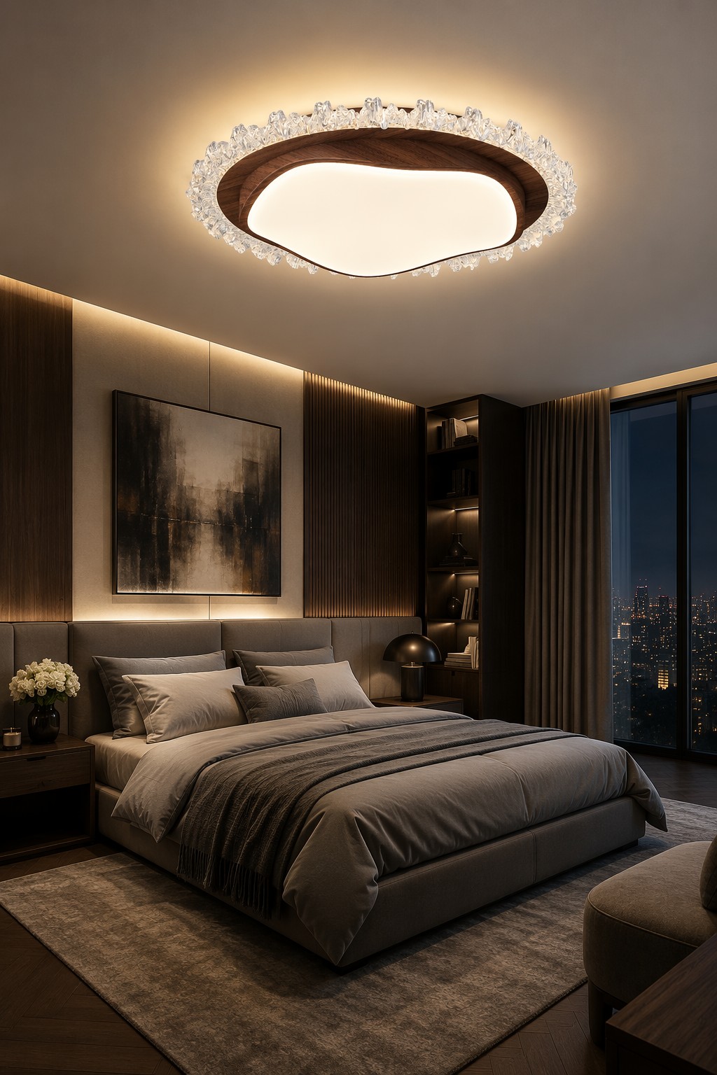 Modern Circular Wood Ceiling Light with Crystal Ice Decor - 39W LED Flush Mount Chandelier for Luxury Interiors – Flush Mount Ceiling Lights (view 5)