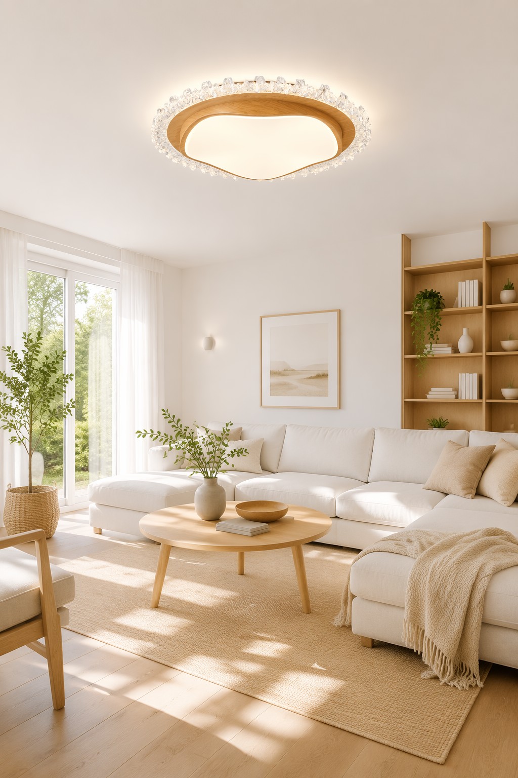 Modern Circular Wood Ceiling Light with Crystal Ice Decor - 39W LED Flush Mount Chandelier for Luxury Interiors – Flush Mount Ceiling Lights (view 2)