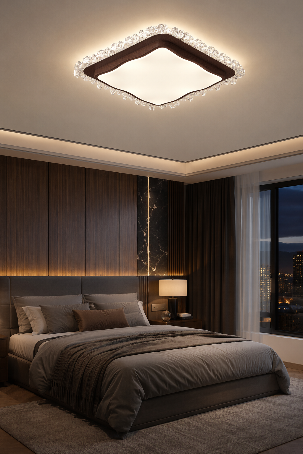 Modern Square Wood Ceiling Light with Crystal Ice Decoration - 45W LED Flush Mount Chandelier for Luxury Interiors – Flush Mount Ceiling Lights (view 5)