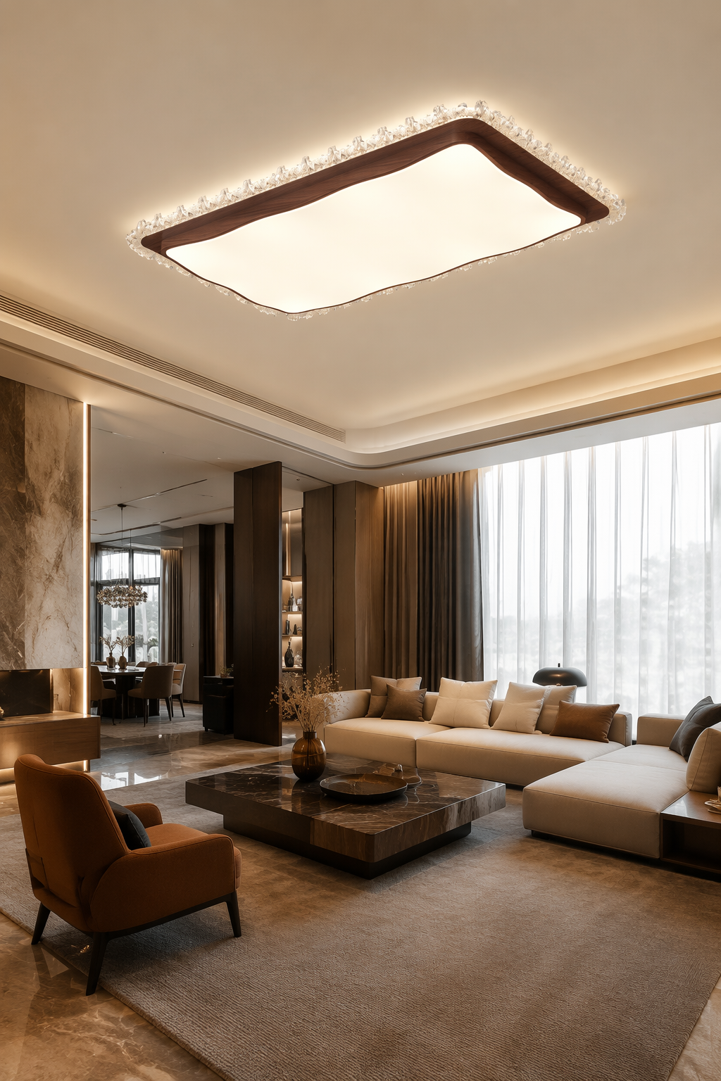 Grand Rectangular Wood Ceiling Light with Crystal Ice Decoration - 120W High-Power LED Chandelier for Large Living Rooms & Lobbies – Flush Mount Ceiling Lights (view 5)
