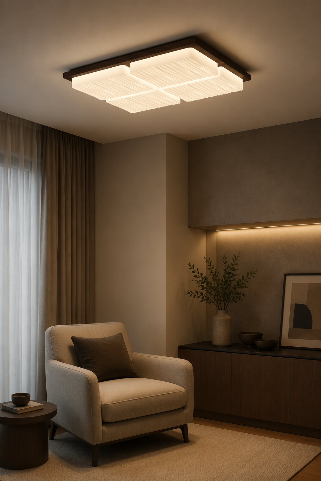 Square LED Wooden Ceiling Lamp - 90W Nordic 4-Grid Flush Mount PZE-DP253 for Master Bedrooms & Dining Areas – Flush Mount Ceiling Lights (view 5)