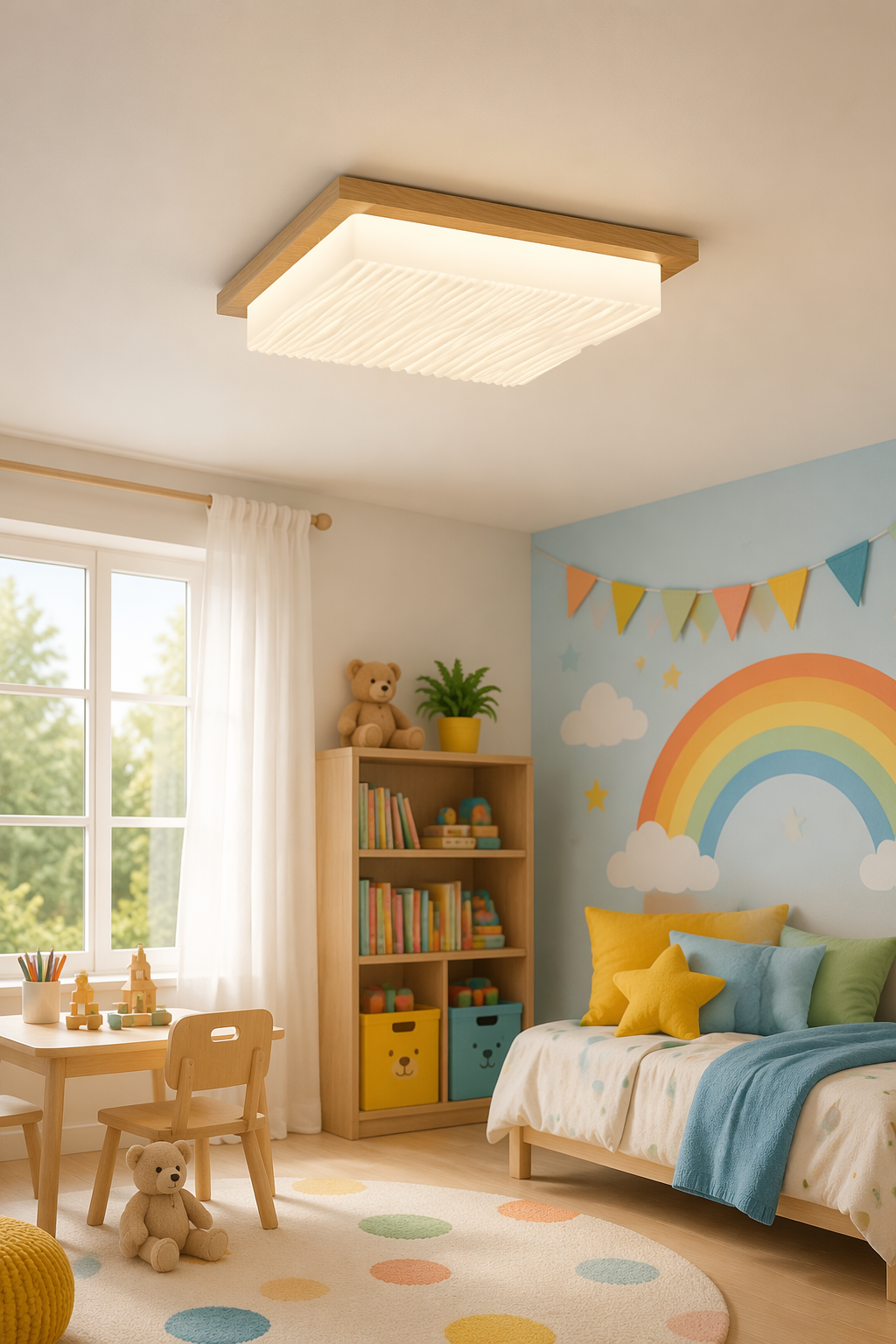 Compact Square LED Wooden Ceiling Light - 60W Minimalist Single-Diffuser PZE-DP253-500 for Study Rooms & Nurseries – Flush Mount Ceiling Lights (view 4)
