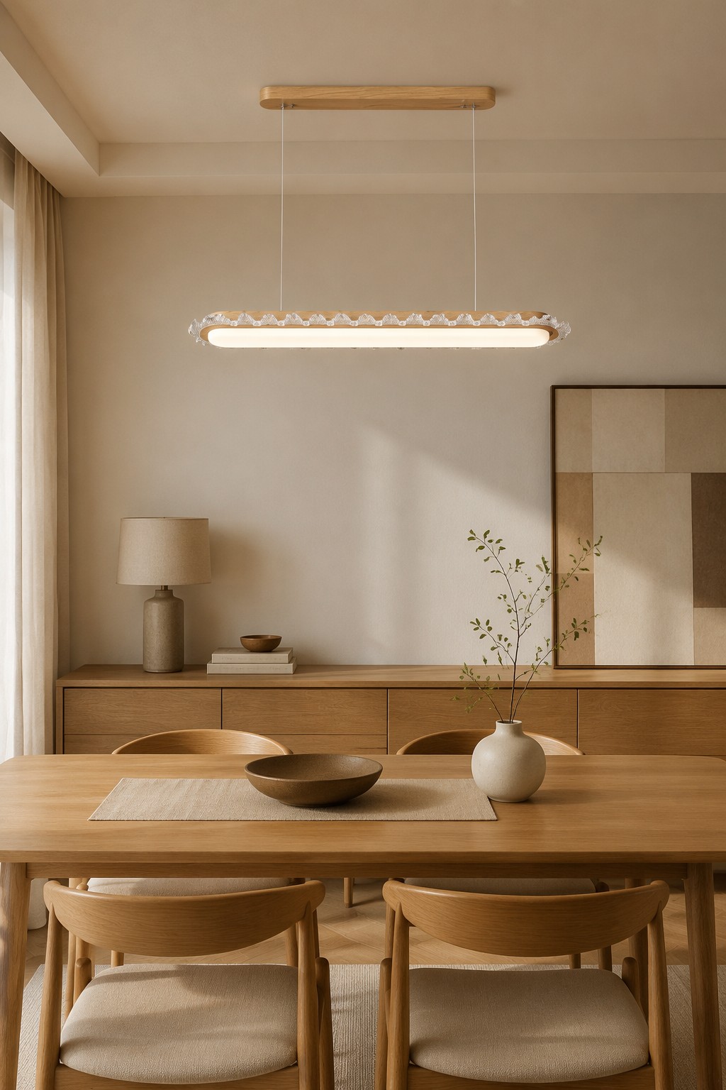 Modern Wooden Crystal Linear Pendant Light | LED Hanging Lamp for Dining & Hospitality Projects – Single Pendant