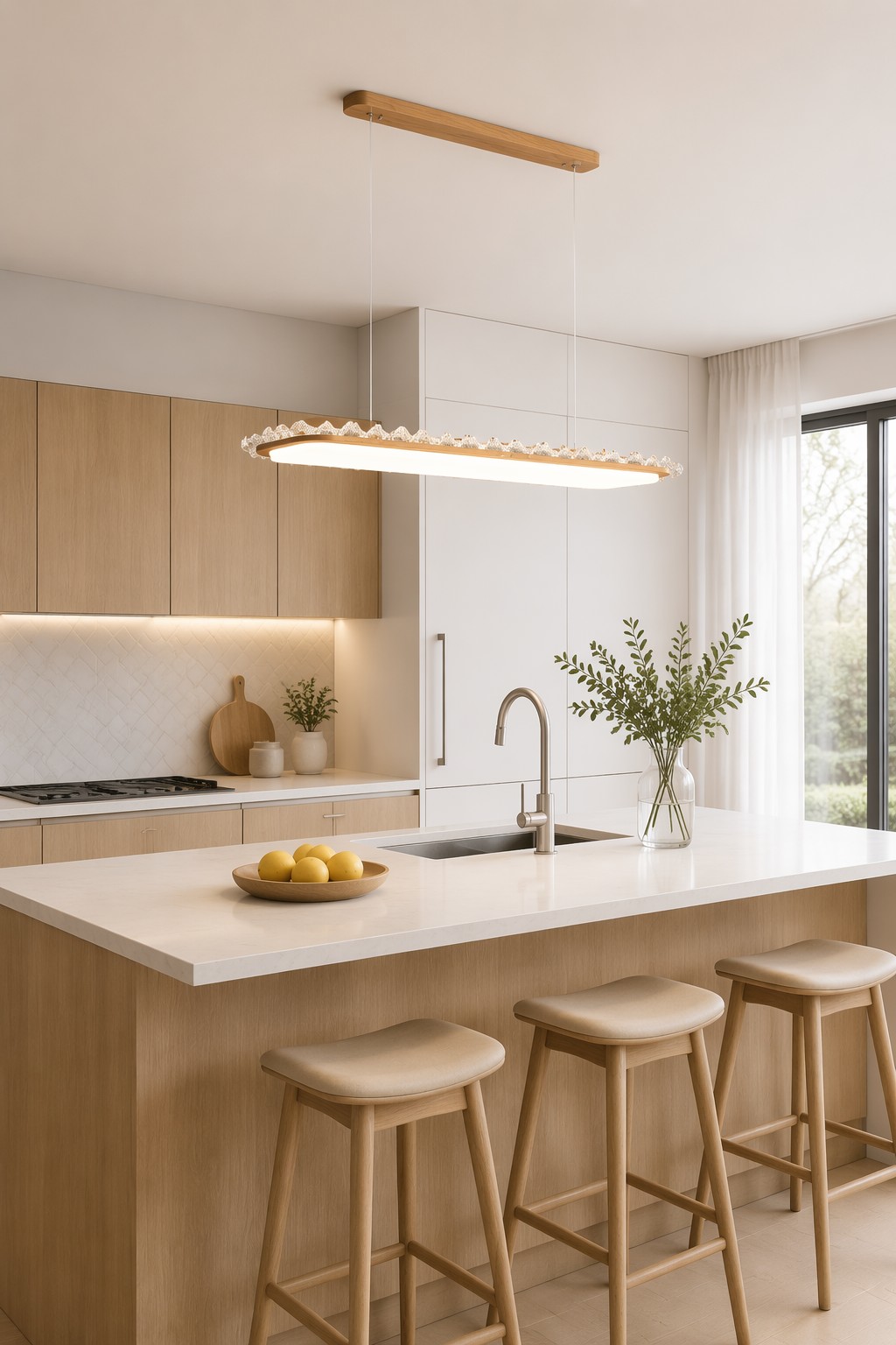 Modern Wooden Crystal Linear Pendant Light | LED Hanging Lamp for Dining & Hospitality Projects – Single Pendant (view 4)