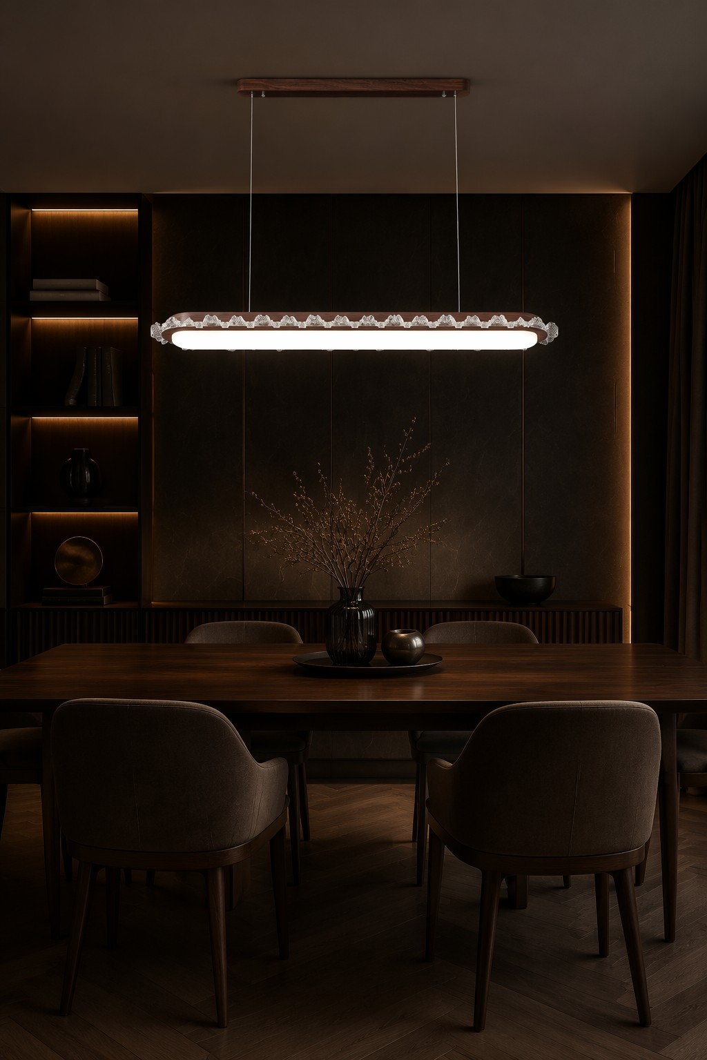 Modern Wooden Crystal Linear Pendant Light | LED Hanging Lamp for Dining & Hospitality Projects – Single Pendant (view 3)
