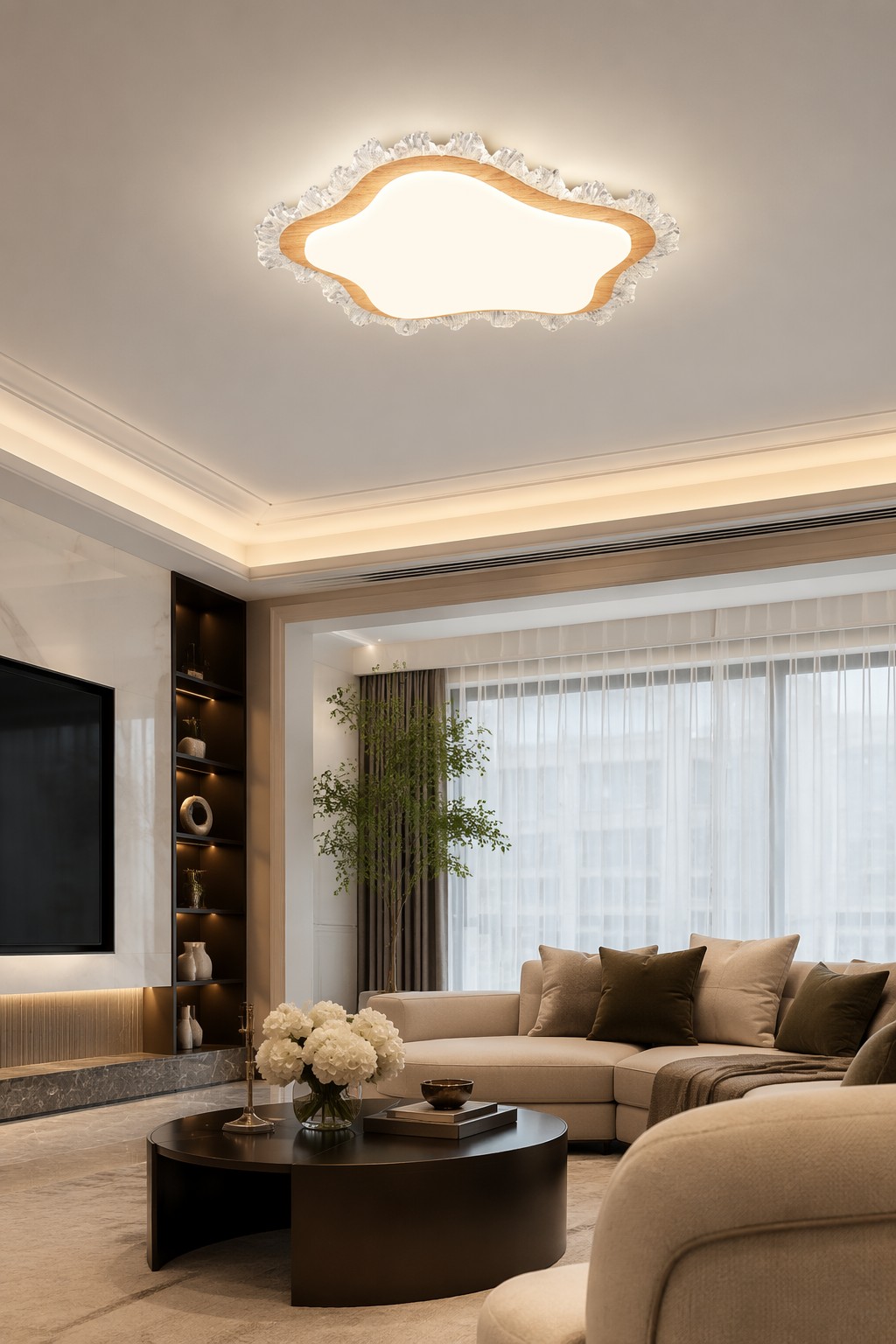 Modern Organic Wooden LED Ceiling Light | Decorative Crystal Flush Mount Lamp for Premium Interiors – Flush Mount Ceiling Lights (view 5)