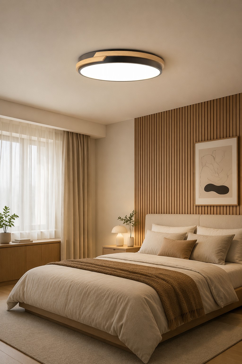 Round Wood Accent Ceiling Light - Slim Nordic LED Fixture for Modern Bedrooms and Entryways – Flush Mount Ceiling Lights
