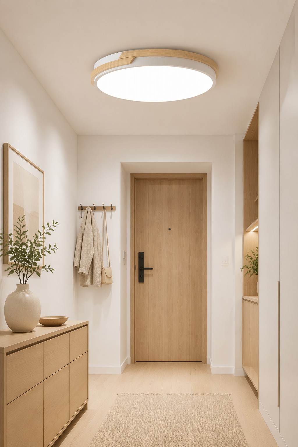 Round Wood Accent Ceiling Light - Slim Nordic LED Fixture for Modern Bedrooms and Entryways – Flush Mount Ceiling Lights (view 3)