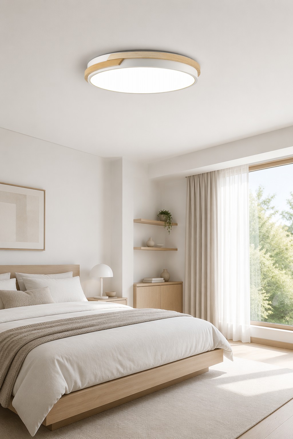 Round Wood Accent Ceiling Light - Slim Nordic LED Fixture for Modern Bedrooms and Entryways – Flush Mount Ceiling Lights (view 2)